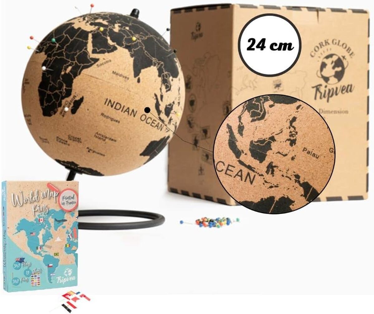 Avis globe Tripvea 24 cm : mappemonde vintage en liège