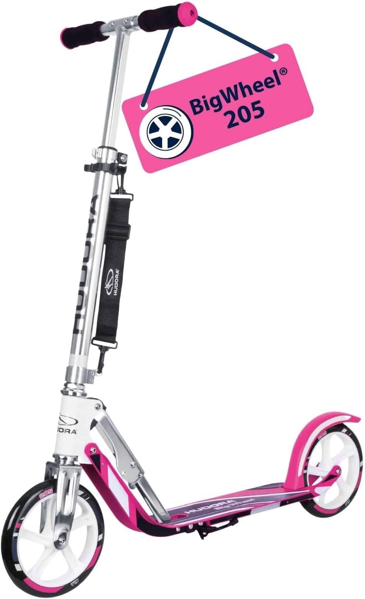 Test du scooter HUDORA BigWheel 205 : trottinette stable et pliable blanc/rose