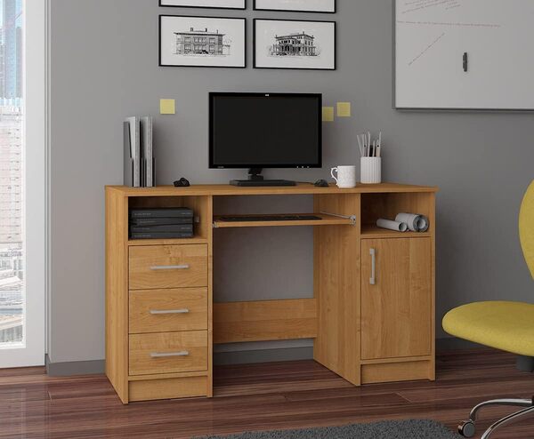 AKORD Bureau PC Ana | Meuble Ordinateur | Étagère Clavier 3 tiroirs 1 Étagère avec Porte 2 Étagères Ouvertes | Bureau Adolescent Garcon Etudiant | L124 x H74 x P52 cm | Aulne