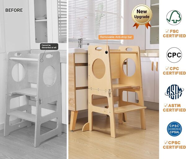 Tour d'étude 4 en 1 avec tableau noir pour l'apprentissage, marchepied de cuisine de style Montessori, table et chaise pliantes pour enfants de 1 à 6 ans