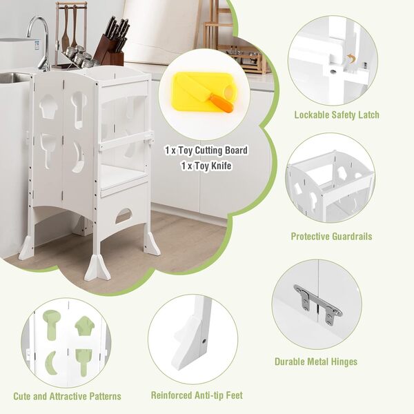 HONEY JOY Montessori Marchepied de cuisine pour tout-petits, tour debout en bois avec rail de sécurité, jouets de cuisine supplémentaires, tour d'apprentissage pliable pour comptoir de cuisine (blanc)