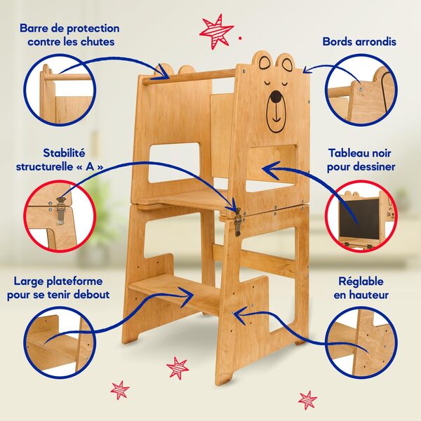 Kauza Tour d'observation pour Enfants à Partir de 1 an, 3 en1 Tour d'apprentissage Montessori, Tabouret Cuisine Anti-Bascule, Table de Peinture avec Tableau Noir, Chaise Multifonctionnelle