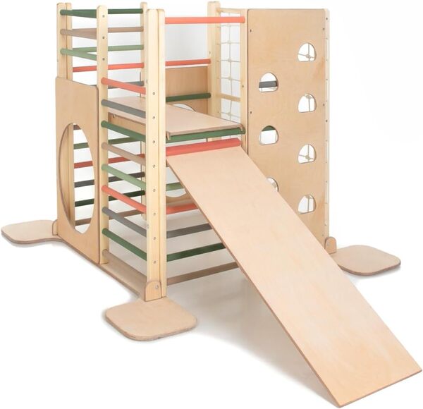 HomeForDreams Tour d'escalade carrée en bois d'inspiration Montessori pour les tout-petits : aire de jeux d'intérieur pliable avec planches d'accessoires (rêve de forêt, avec planche intérieure et