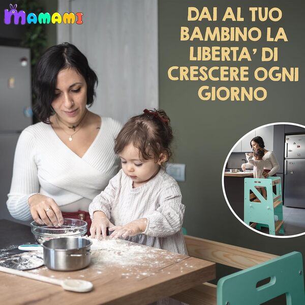 MAMAMI® Tour Montessorienne pour enfants, tour d'apprentissage avec hauteur réglable, anti-basculement sur tous les côtés, antidérapant, résistant en bois de pin, 48 x 45 x 90 cm (vert/bois naturel)