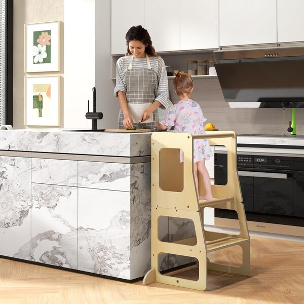 OLAKIDS Tour pour tout-petit, tabouret de cuisine pliable 4 en 1, tour d'apprentissage avec tableau noir, rail de sécurité amovible, marchepied Montessori pliable en bois pour enfants, ensemble table