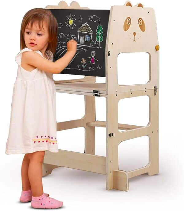 Tour d'Observation Montessori 3-en-1 Tour d'apprentissage Table d'Activités pour Enfants Bureau avec Tableau Bois Naturel Tour Montessori pliable Tableau enfant Table et chaise enfant Motricité