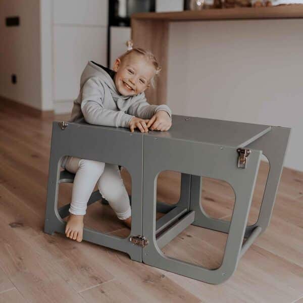 La Tour d'apprentissage/d'observation Montessori est Un Support/marchepied de Cuisine réglable, Un Tabouret de Cuisine, Une Chaise Pliable, Une Table et Une Chaise pour la Cuisine (Gris)