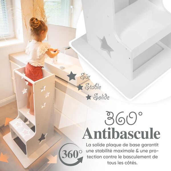Kids Woody Star® Tour d'observation Enfant [360° ANTIBASCULE] Tour d'apprentissage Montessori | Réglable en Hauteur | Sécurité maximale à partir de 1 an | Tabouret Enfants | Square Bois/Blanc