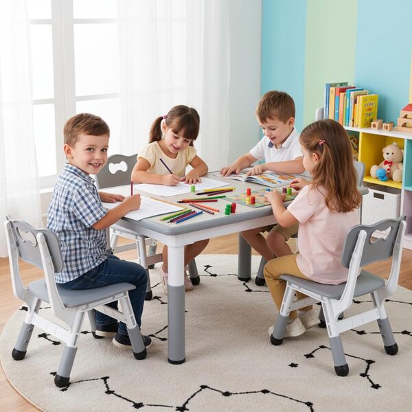 MAMIZO Ensemble Table et Chaises pour Enfant, Table pour Enfant avec 4 Chaises, Réglable en Hauteur, pour Maternelle et Chambre d'enfant, Table à Dessin en Plastique, à Partir de 2 Ans, Gris