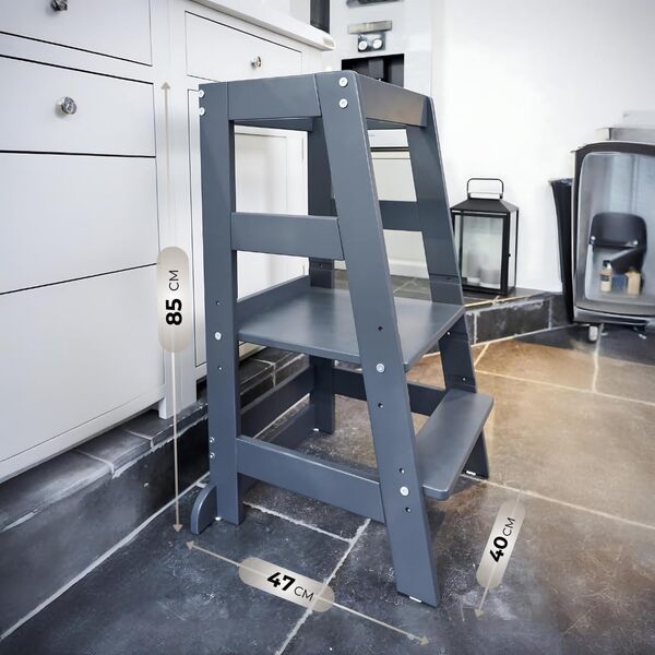 Alavya Home® Neo Tour d'apprentissage Montessori pour Aider en Cuisine | Marchepied Ajustable pour Tout-Petits avec barrière de sécurité | Bois de hêtre | certifié PEFC | Anthracite