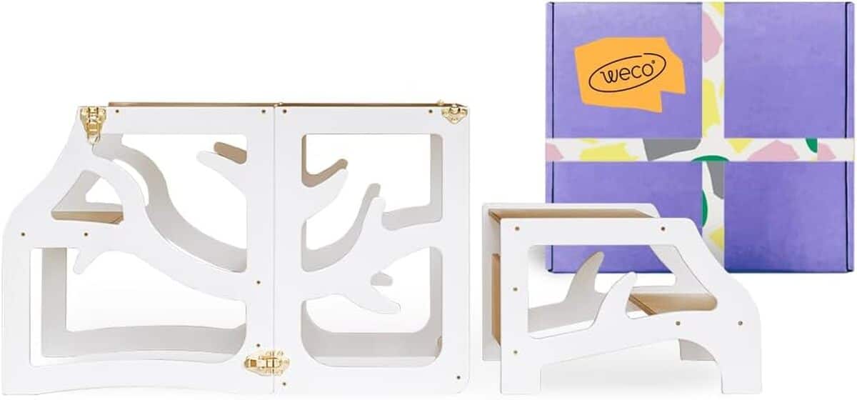 Test de la tour d'apprentissage WECO 3 en 1 Montessori : marchepied et bureau pliable blanc