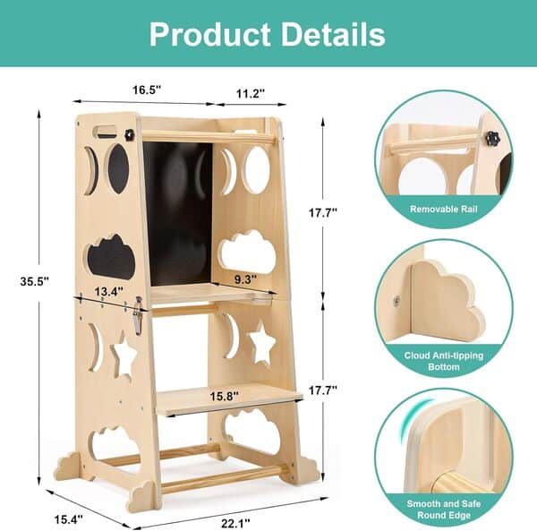 Tabouret de cuisine 4 en 1 pour tout-petits - Tour debout pliable pour enfants de 1 à 3 ans avec rails de sécurité
