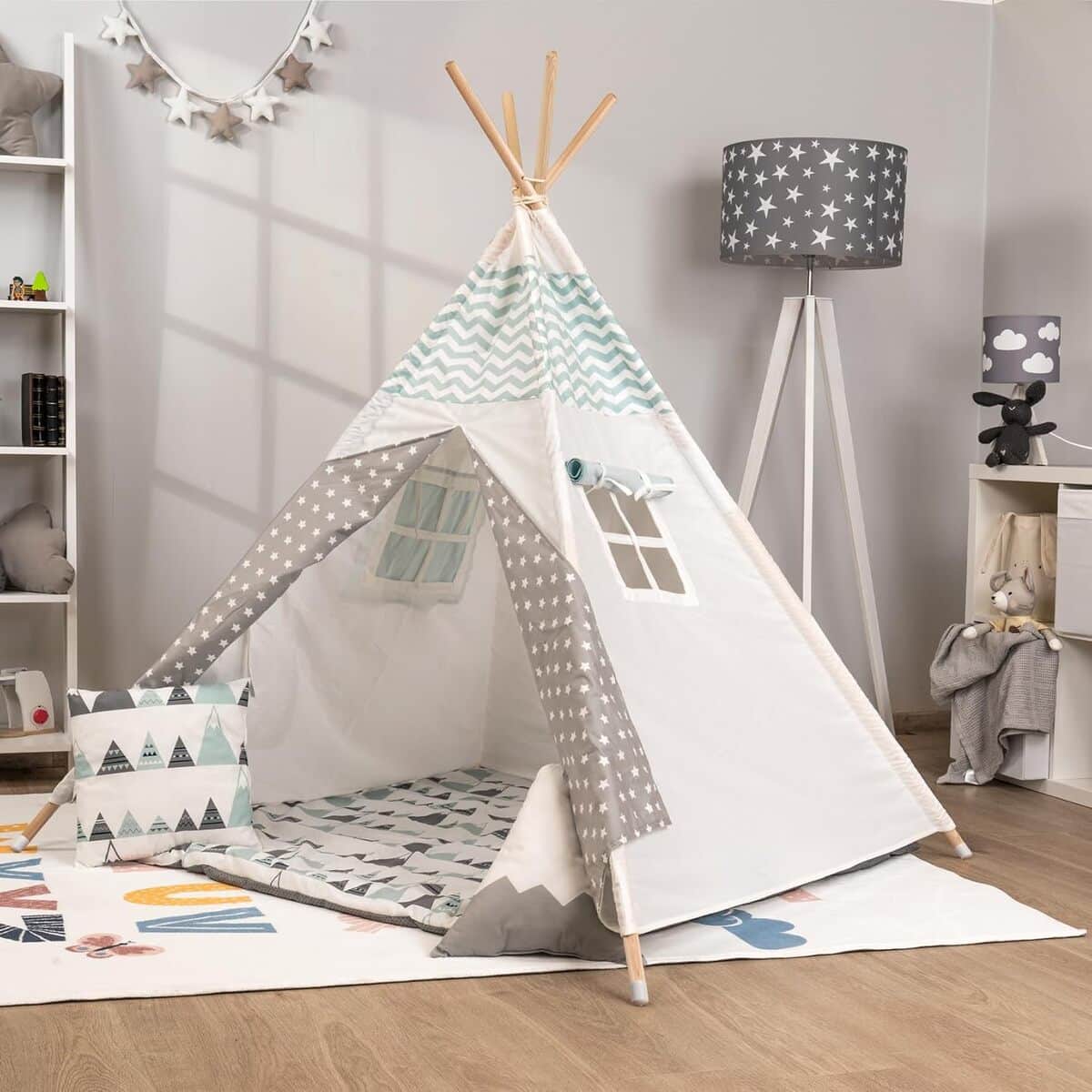 Test de la tente tipi pour enfants Paco Home blanc-gris avec accessoires