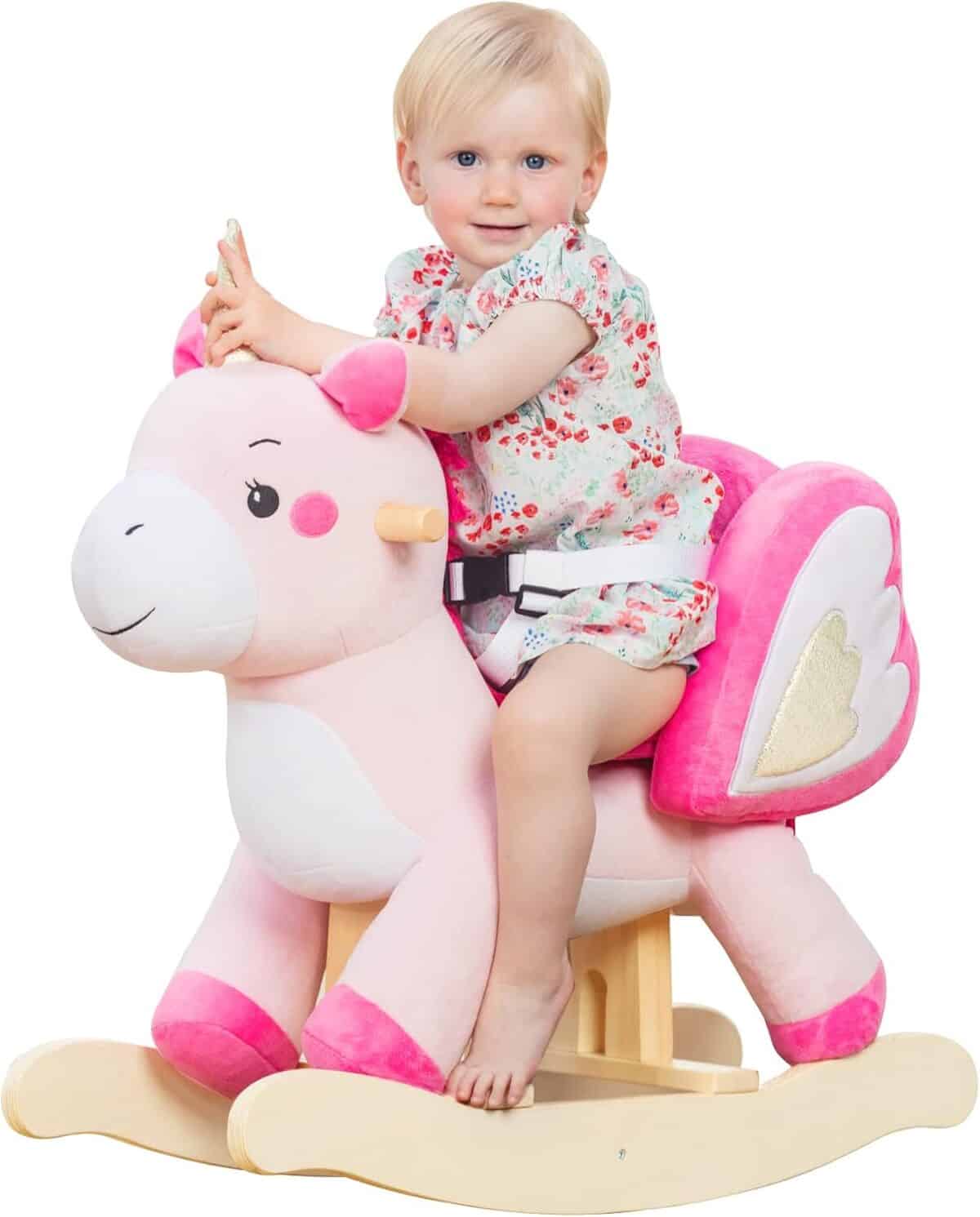 Test du cheval à bascule Labebe licorne rose pour enfants