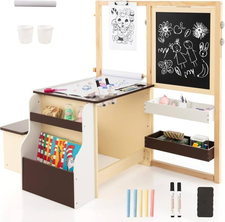 Tableau Enfant 3 en 1 - DREAMADE - Chevalet Double Face Réglable - Bureau Enfant en Bois - Bibliothèque à 2 Niveaux - 3+ Ans Gris - Beaux-Arts et Loisirs créatifs