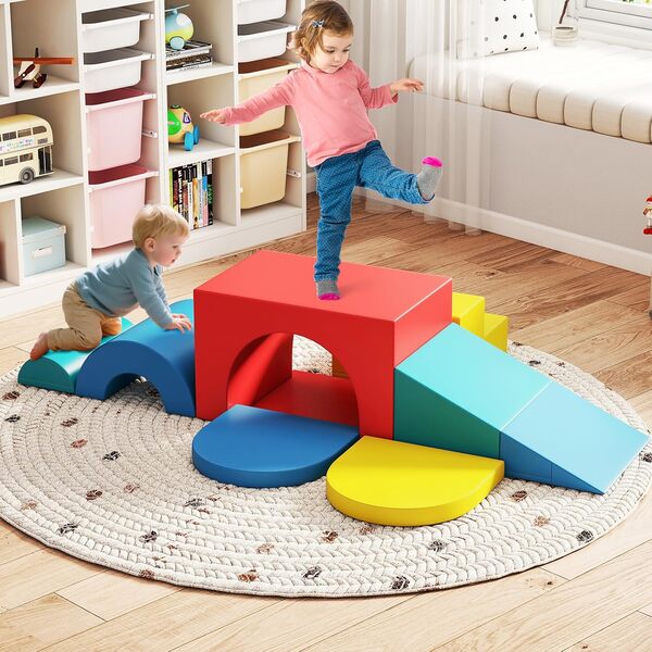 7Pcs Parcours Motricité Enfants, Module Motricité Bébé en Simili Cuir avec Attaches Auto-agrippante, Ensemble Blocs Construction en Mousse pour Chambre d'enfants, Crèche