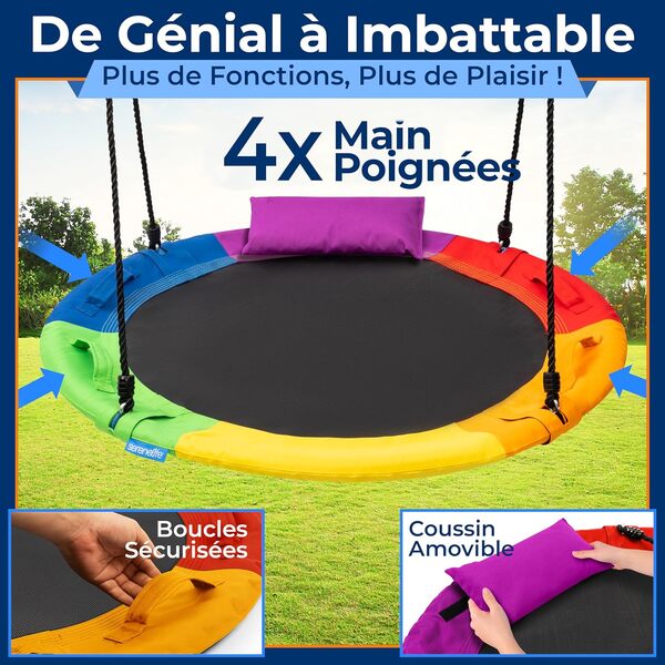 SereneLife Balançoire Tapis 100 cm – Siège Tournant d’Extérieur avec Coussin et Sac de Transport, Kit de Suspension Universel, Imperméable, Résiste à l’Eau, Charge Jusqu’à 317 kg