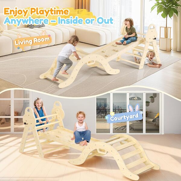 Montessori Kit de jeu d'intérieur : triangle d'escalade d'intérieur, arche d'escalade avec coussins, et toboggan pour enfants, aire de jeux d'intérieur 1 à 3 ans (bois massif 7 en 1)
