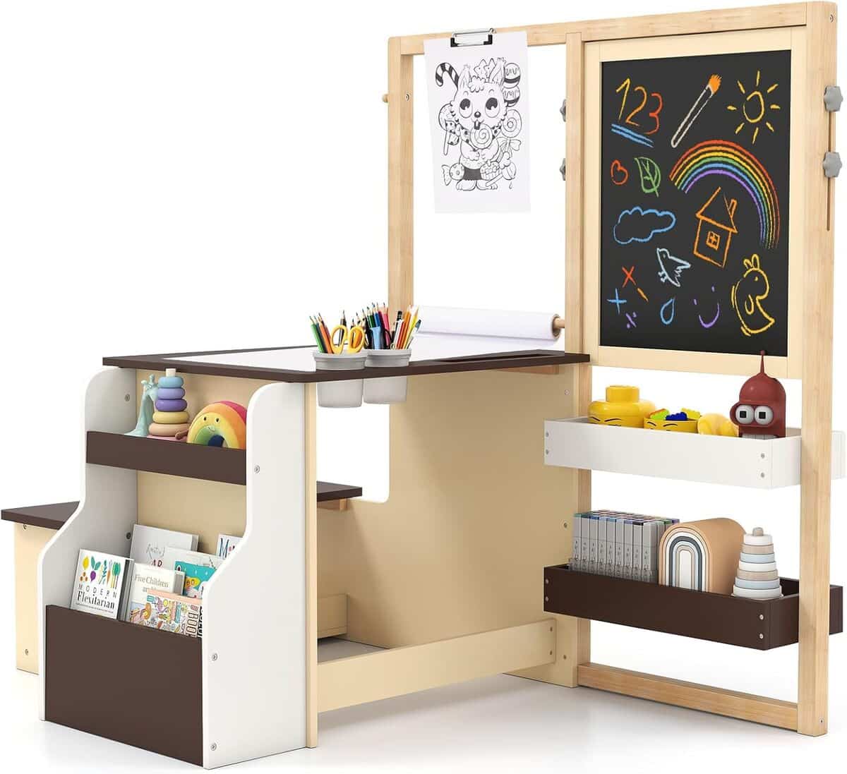 Test du bureau enfant GOPLUS 3+ ans avec tableau double et rangement