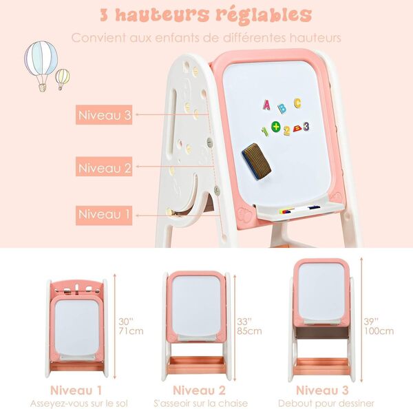 GOPLUS 2 en 1 Chevalet Tableau Magnétique Enfant Double Face avec Bureau Pliable et Tabouret,Ensemble de Table et Chaise avec Étagère de Rangement Accessoire,Chevalet Réglable de 3 Niveaux (Orange)