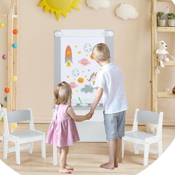 LIFEZEAL Table Enfant avec 2 Chaises en Bois, Table d’Art avec Rouleau en Papier et Rangement, Charge de 91 KG et 75 KG, Tableau, Table de Bricolage et Table d'apprentissage 3 en 1 (Gris)