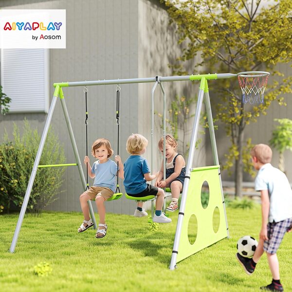 AIYAPLAY Balançoire portique pour enfant 4 en 1 avec 1 agrès et 1 face à face, balançoire enfant extérieur avec panier de basket-ball et but de football, charge 135 kg, pour 4 enfants de 3-8 ans, vert