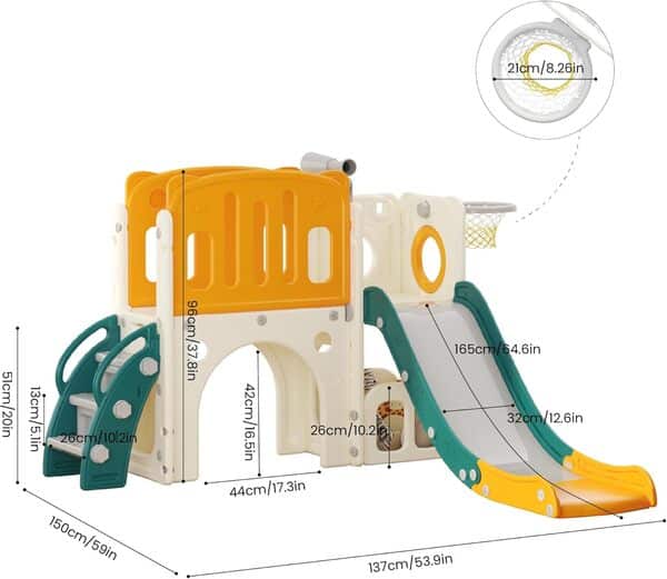 Toboggan pour Tout-Petits avec Échelle d'escalade, Panier de Basket et Tunnel, Ensemble de Toboggan en Plastique pour Enfants, Jouets d'aire de Jeux Montessori, Vert