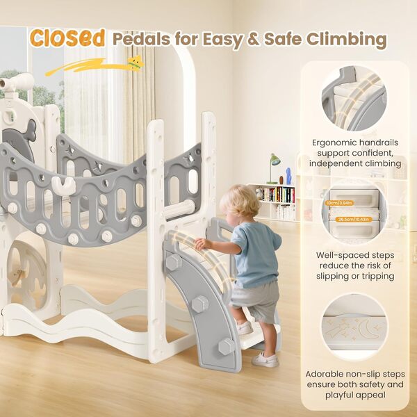 KrovtoyToboggan pour Enfants,Toboggan autoportant avec Panier de Basket, Structure d'escalade pour Tout-Petits,avec Couloir,télescope,Aire de Jeux pour bébés,Toboggan de Jardin extérieur (Gris-6)