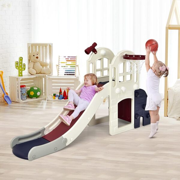 DREAMADE Toboggan Enfants 6 en 1 Panier de Basket Escalade Tunnel Lancer d'Anneaux Télescopique Decoratif, Toboggan Extérieur et Intérieur en HDPE pour 3-8 Ans, Balle Souffleur Inclus (Bleu)