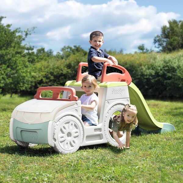 Smoby Life - Adventure Car - Voiture Mutli-Activités - 3 activités - Poste de Conduite, Toboggan, Bac à Sable - Matière Recyclée - A Partir de 18 Mois - Fabrication Française