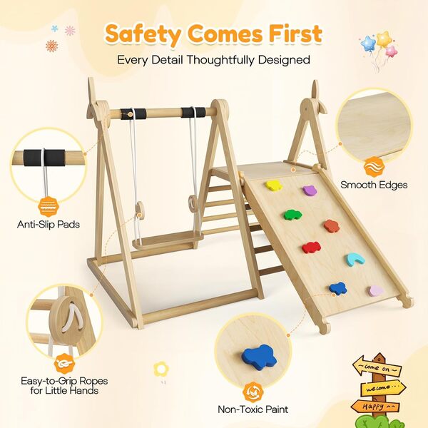 Structure d'escalade Montessori 5 en 1 pour intérieur, structure de gymnastique pliable en bois avec balançoire, toboggan, échelle d'escalade, plateau d'escalade et triangle d'escalade à moulin à vent