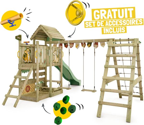 Disney Le Roi Lion Story Aire de Jeux de Wickey - Structure d'escalade, Tour d'escalade, Jeux de Jardin pour Enfants - Aire de Jeux extérieure en Bois avec bac à Sable