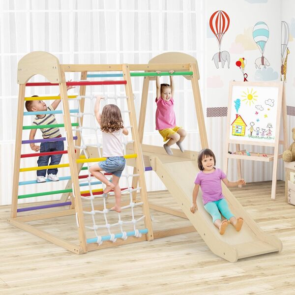 GOPLUS 6 en 1 Escalade Enfant Montessori, Aire de Jeux Structure d'escalade avec Portique, Toboggan, Corde et Échelles en Bois Ancrages, pour Enfants 1 an+, Charge 60 kg (Multicolore, 6 en 1)