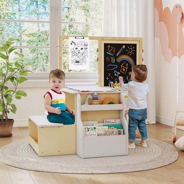GOPLUS Bureau Enfant Fille Garcon avec Banc, 3 en 1 Tableau Chevalet Enfant Double Face Ajustable, Table de Dessin en Bois avec Rouleau de Papier, Tableau Blanc/Noir, Charge 50KG, Blanc