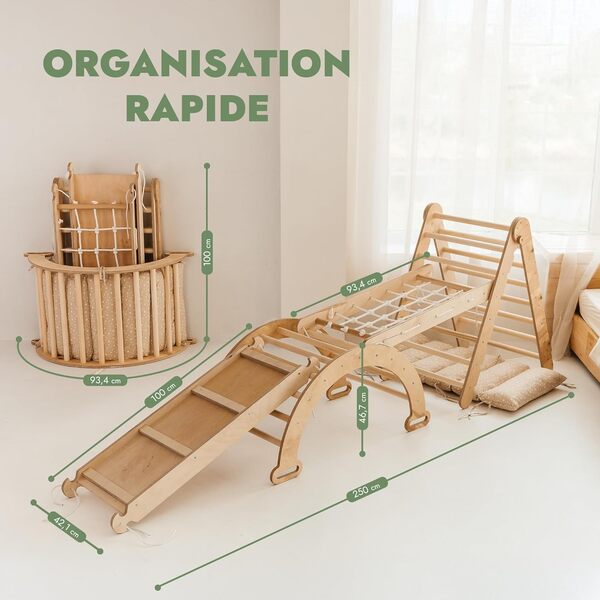 5-en-1 Cadre d'escalade Intérieur pour Tout-Petits - Triangle en Bois, Arc & Rampe d'escalade & Filet & Coussin, Cadre d'escalade Montessori, Gym en Bois pour Enfants,1 à 5 Ans
