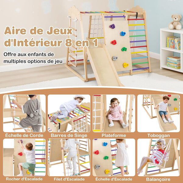 COSTWAY 8 en 1 Aire de Jeux d'escalade Intérieure en Bois avec Toboggan Amovible & Balançoire, Triangle d'escalade Montessori Enfant avec Filet & Échelle Montessori, Charge 140kg pour 3 Ans+ (Coloré)