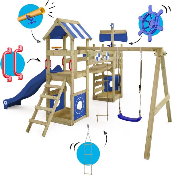 WICKEY Aire de Jeux StormFlyer portique en Bois avec balançoire et Toboggan Bleu, Tour d'escalade pour Enfants avec bac à Sable, échelle et Accessoires de Jeu pour Le Jardin.
