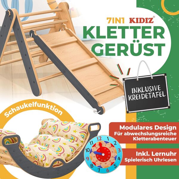 Kidiz® Ensemble de jeu Montessori 7en1 avec structure d’escalade, arc à grimper, toboggan, triangle d’escalade en bois avec coussins, tableau et horloge éducative | Aire de jeux intérieure pour les