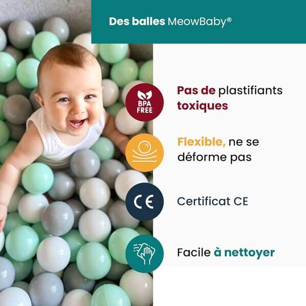 MEOWBABY Aire de Jeux en Mousse avec Piscine à balles 200 x 45 cm – Kit de Jeux Mousse avec 100 balles pour Enfants, Velours, Beige : Beige/Blanc