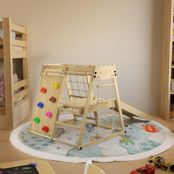 Juskys Mini Structure d'Escalade pour Enfants - Aire de Jeux Intérieure avec Toboggan, Mur d'Escalade, Filet à Grimper & Anneaux de Gym - Tour Pliable en Bois - Coloris Naturel