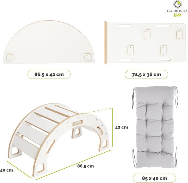 Garronda Ensemble 4 en 1 Arche d'escalade avec Toboggan, Plateau de Table et Coussin Jouet Montessori pour Enfants dès 1 an GD-0062 (Blanc Arche d'escalade avec Toboggan, Plateau de Table et Coussin)