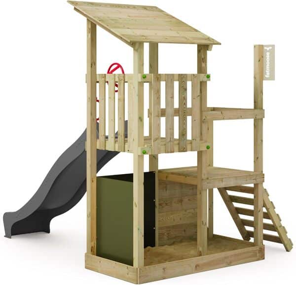 Fatmoose Aire de Jeux Portique d'escalade FruityForest Fun XXL avec Toboggan Anthracite, extérieur Enfants Tour d'escalade avec bac à Sable, échelle & Accessoires de Jeux