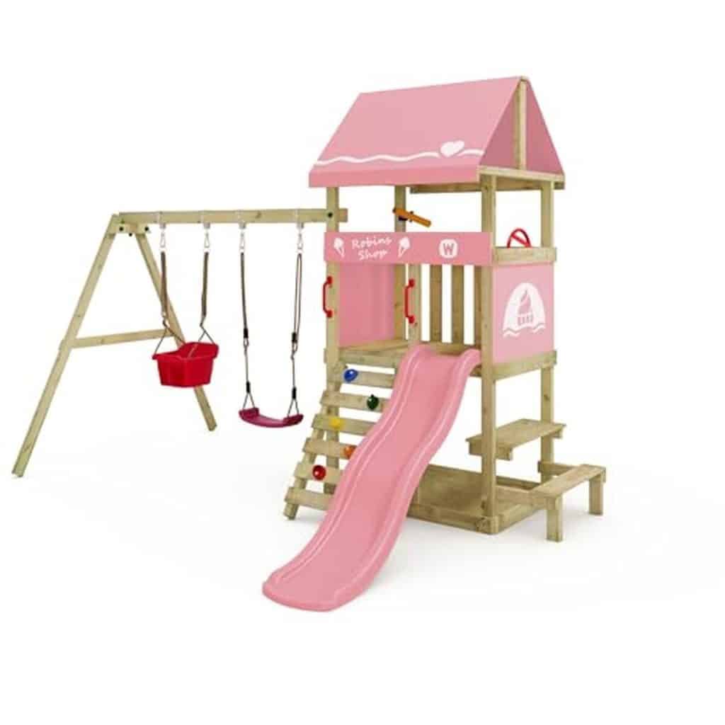 Test de l'aire de jeux Wickey DinkyHouse avec toboggan rose pastel